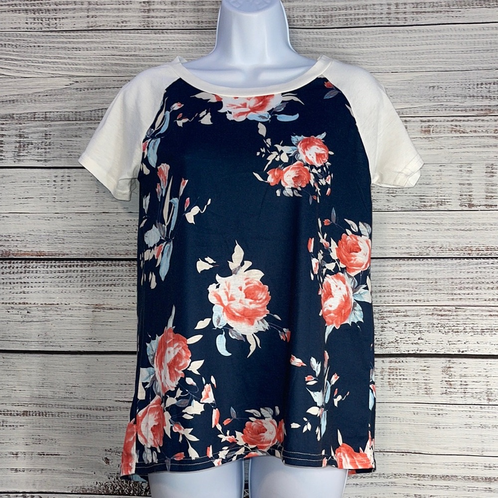 🔥 SALE Blue Floral Raglan Short Sleeve Top | Small